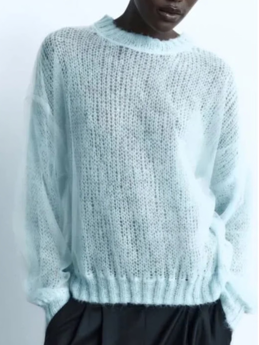 Zara Light Blue Sheer Knit Crew Neck Sweater